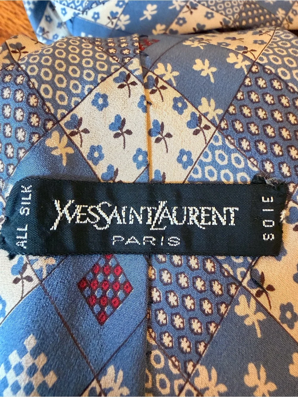 YSL Blue and Cream Geometric Patchwork Vintage Silk tie